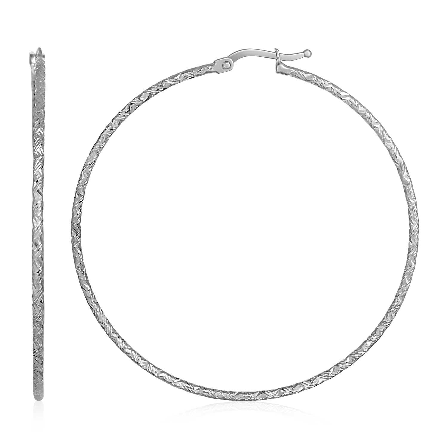14k White Gold Large Textured Hoop Earrings (50mm Diameter) (1.5mm)-0