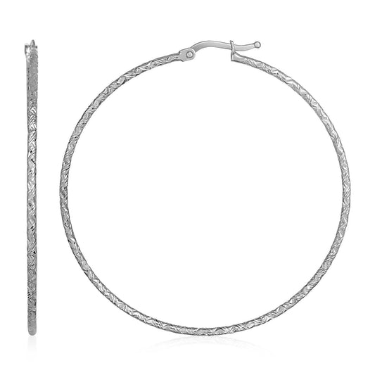 14k White Gold Large Textured Hoop Earrings (50mm Diameter) (1.5mm)-0
