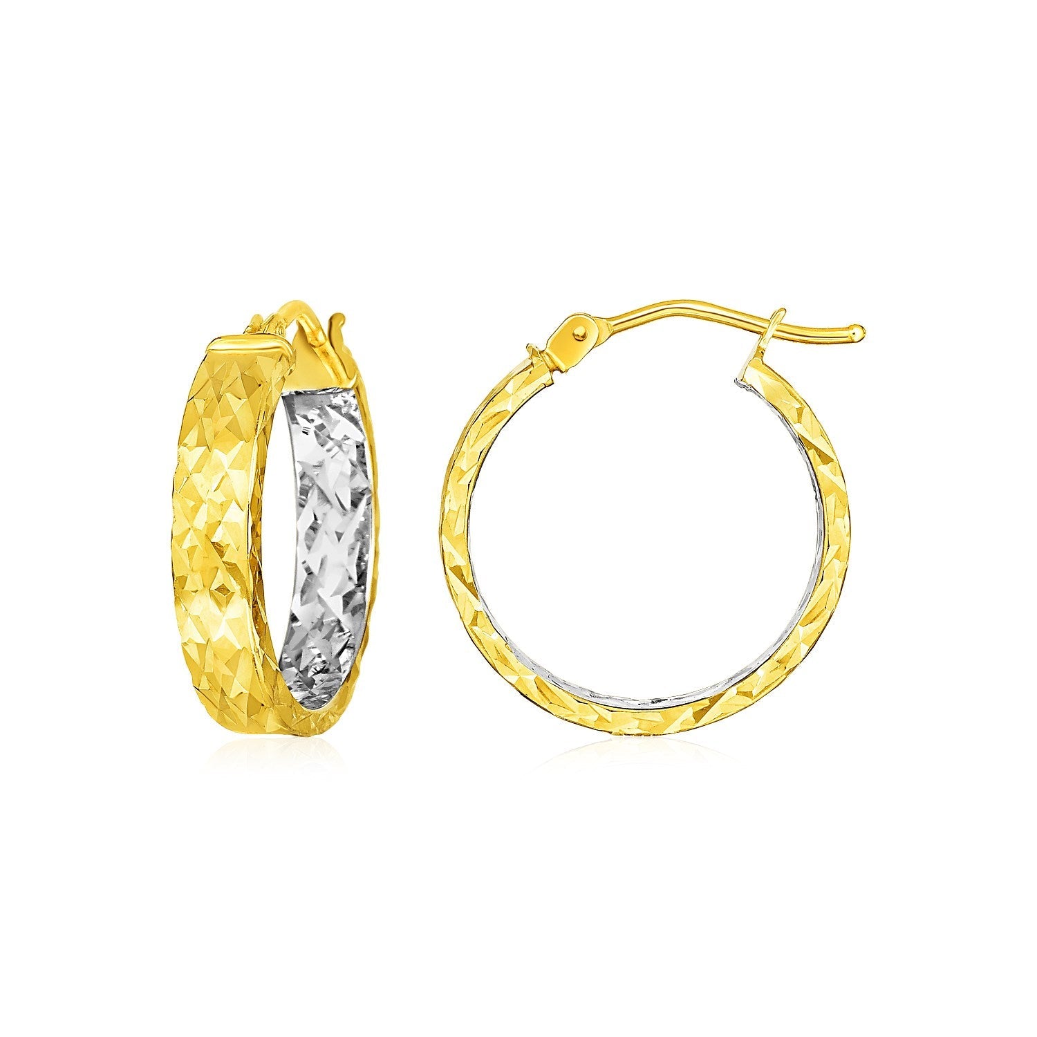 14k Yellow Gold Wide Hoop Earrings with Diamond Cut Texture-0