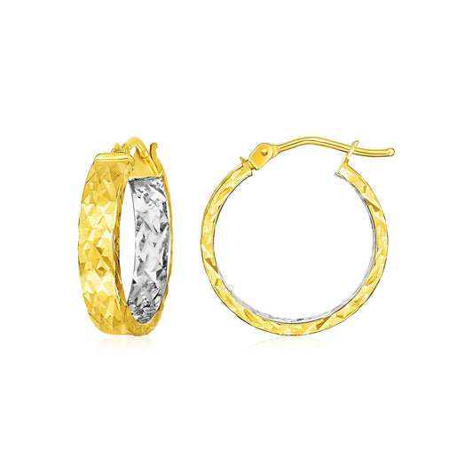 14k Yellow Gold Wide Hoop Earrings with Diamond Cut Texture-0