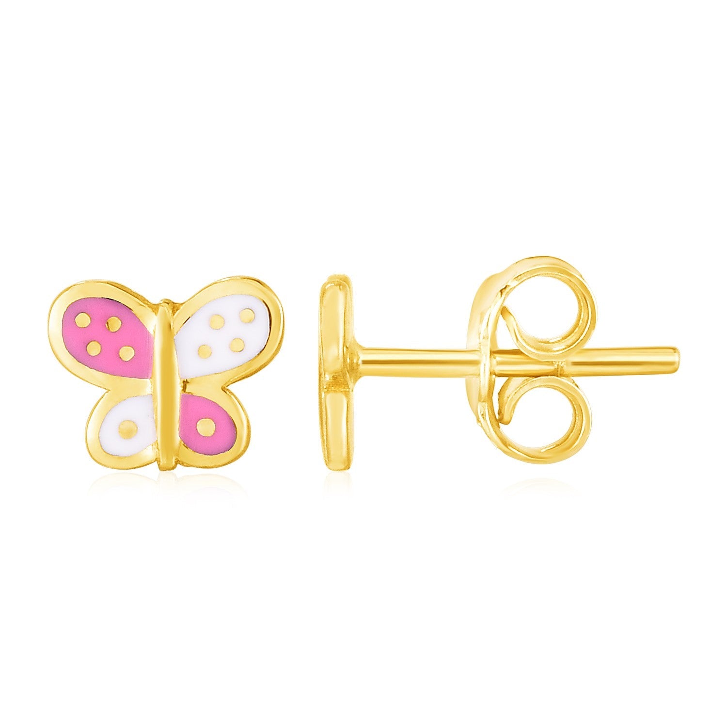 14k Yellow Gold and Enamel Pink and White Butterfly Stud Earrings-0