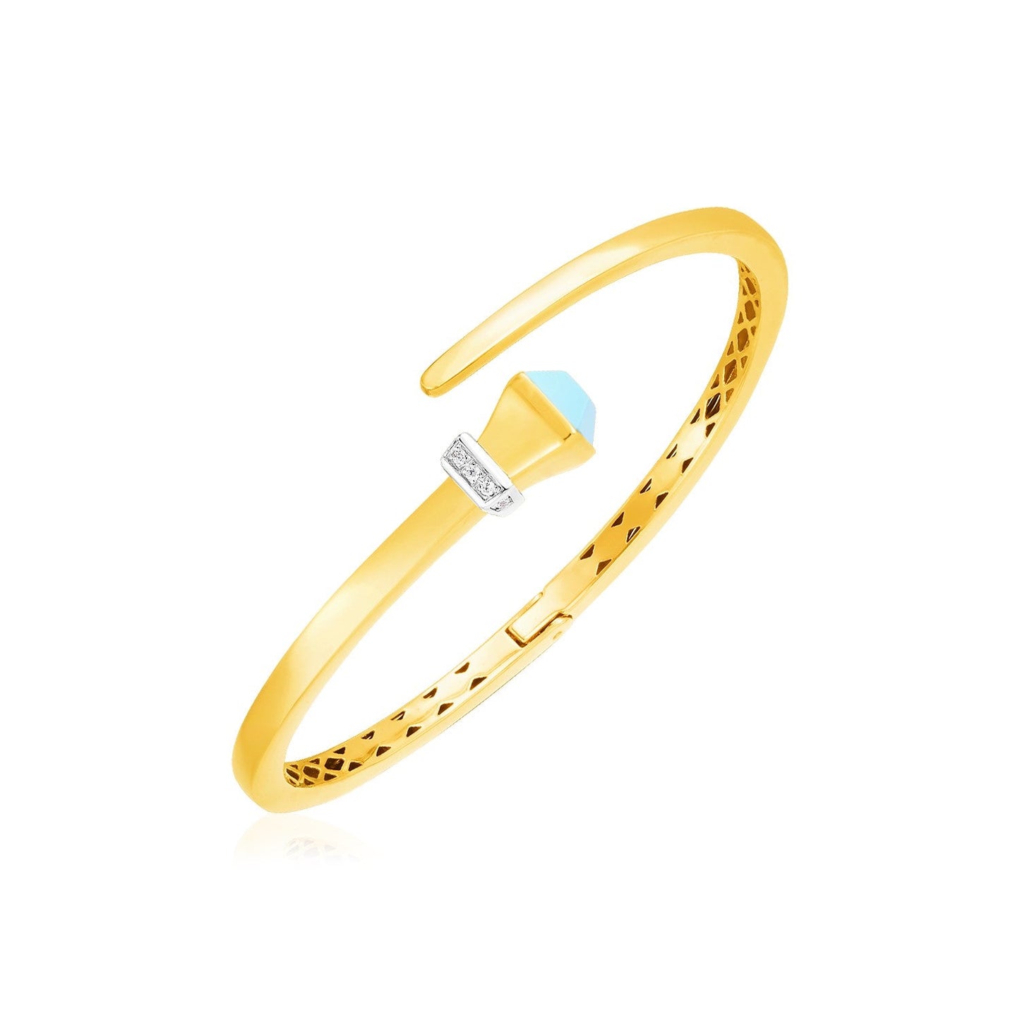 14k Yellow Gold Crossover Style Hinged Bangle Bracelet with Turquoise and Diamonds-0