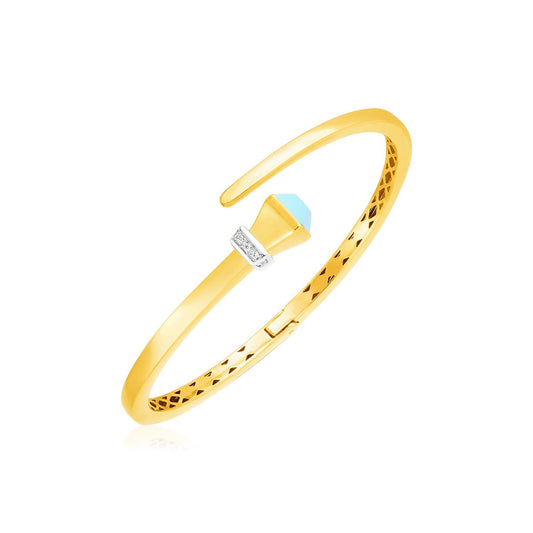 14k Yellow Gold Crossover Style Hinged Bangle Bracelet with Turquoise and Diamonds-0