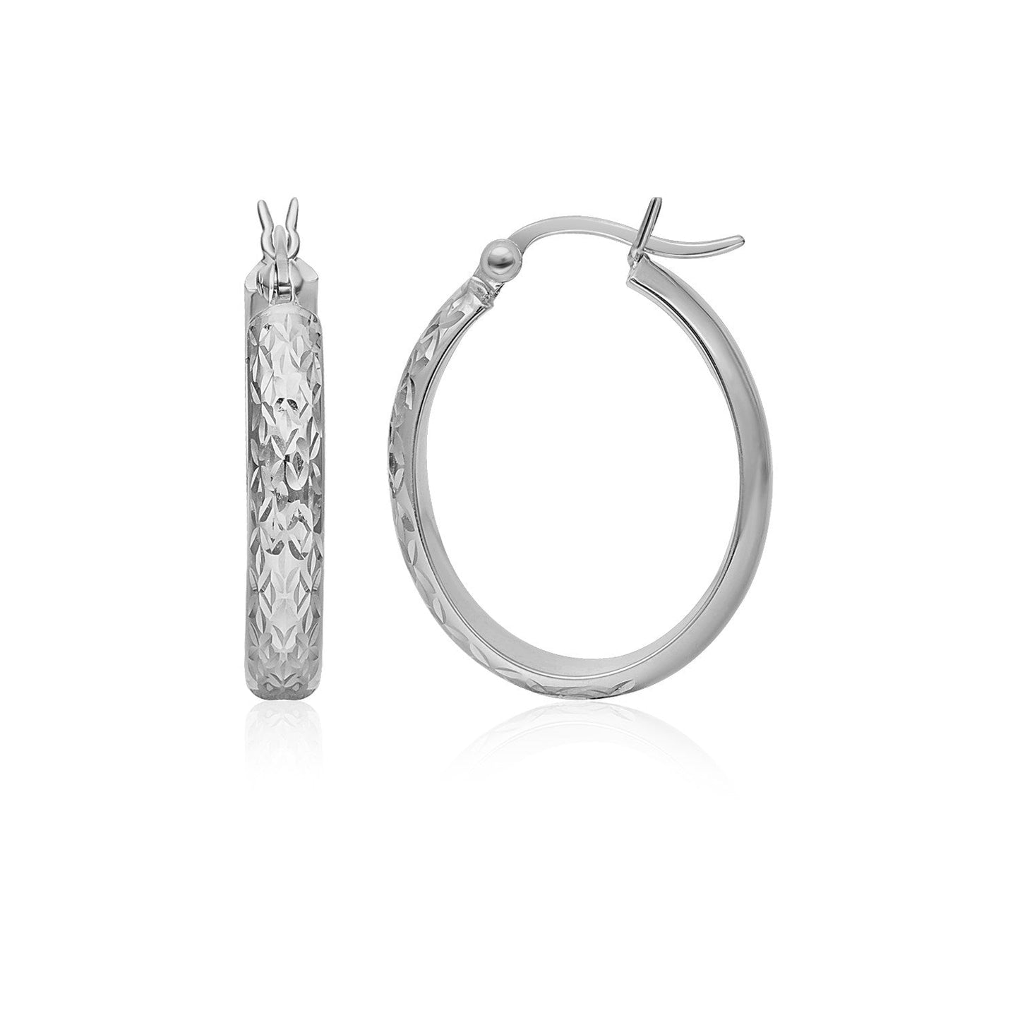 14k White Gold Hammered Oval Hoop Earrings-0