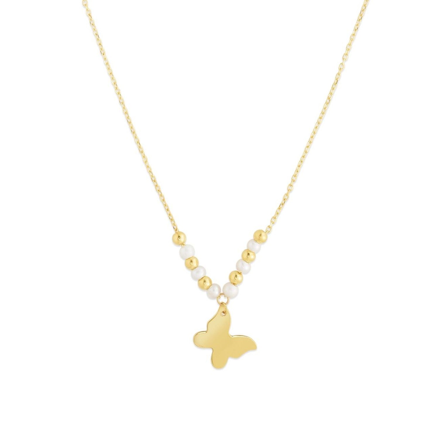 14k Yellow Gold High Polish Beaded Pearl Butterfly Drop Pallina Necklace-0