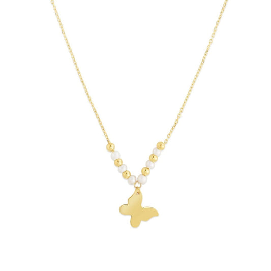 14k Yellow Gold High Polish Beaded Pearl Butterfly Drop Pallina Necklace-0