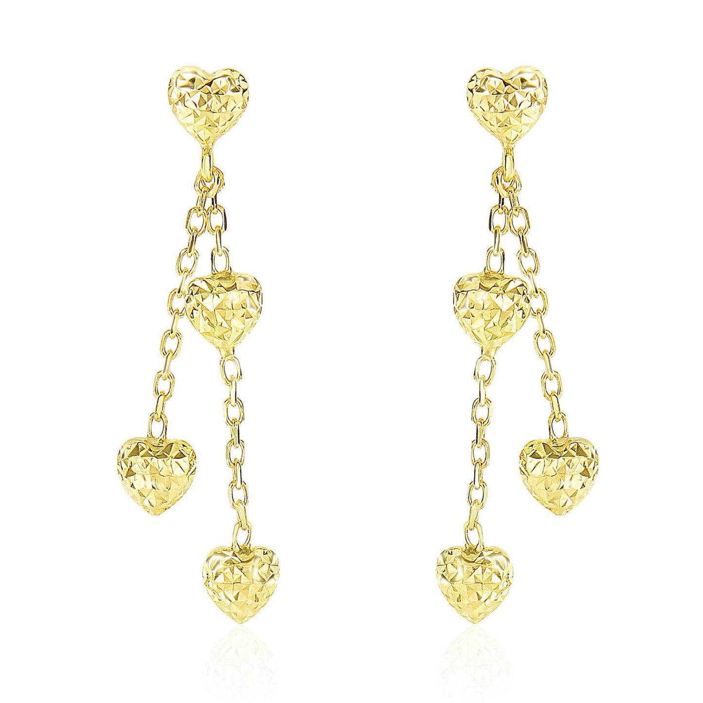 14k Yellow Gold Puffed Heart Diamond Cut Chain Dangling Earrings-0