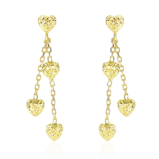 14k Yellow Gold Puffed Heart Diamond Cut Chain Dangling Earrings-0