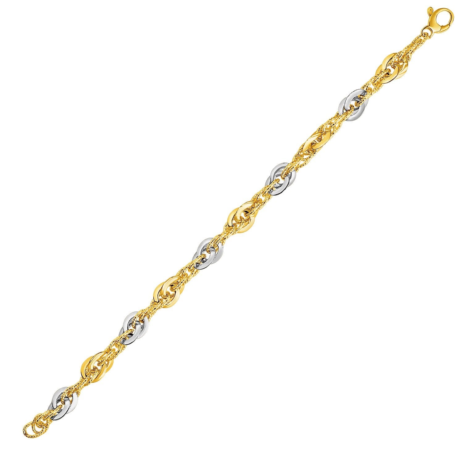 14k Two-Tone Yellow and White Gold Double Link Textured Bracelet-0