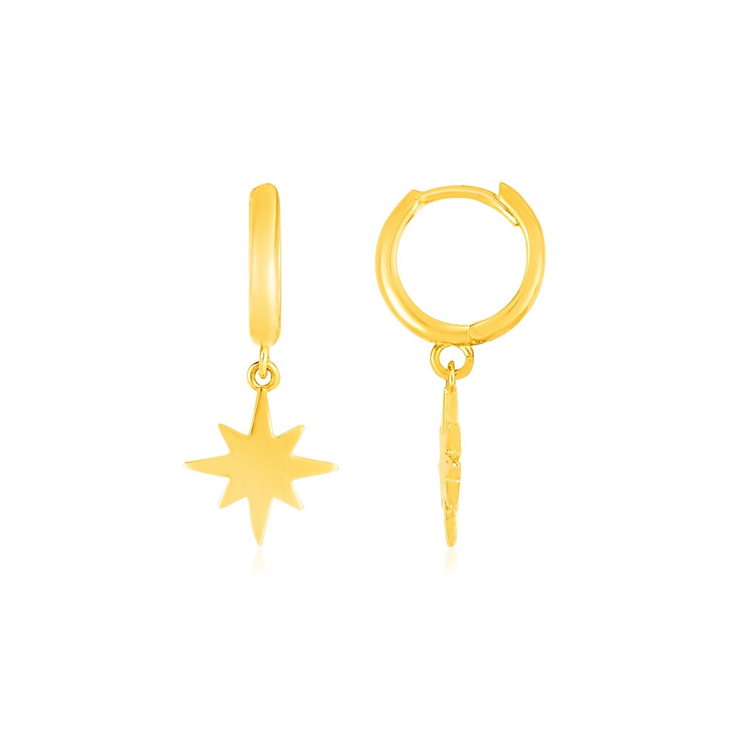 14k Yellow Gold Huggie Style Hoop Earrings with Star Drops-0