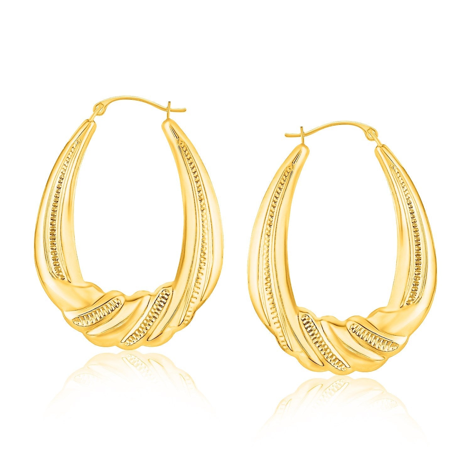 14k Yellow Gold Graduated Textured Oval Hoop Earrings-0