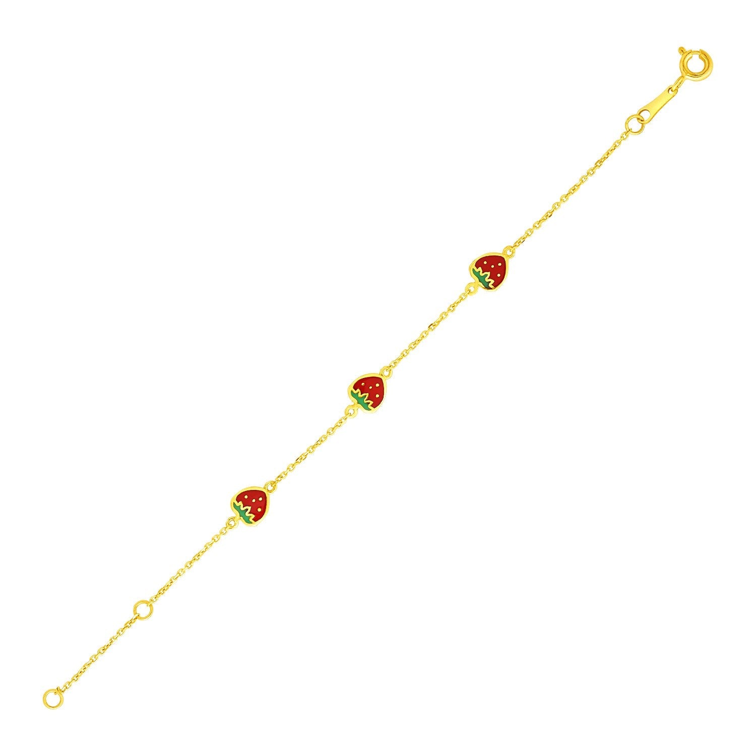 14k Yellow Gold 5 1/2 inch Childrens Bracelet with Enameled Strawberries-0