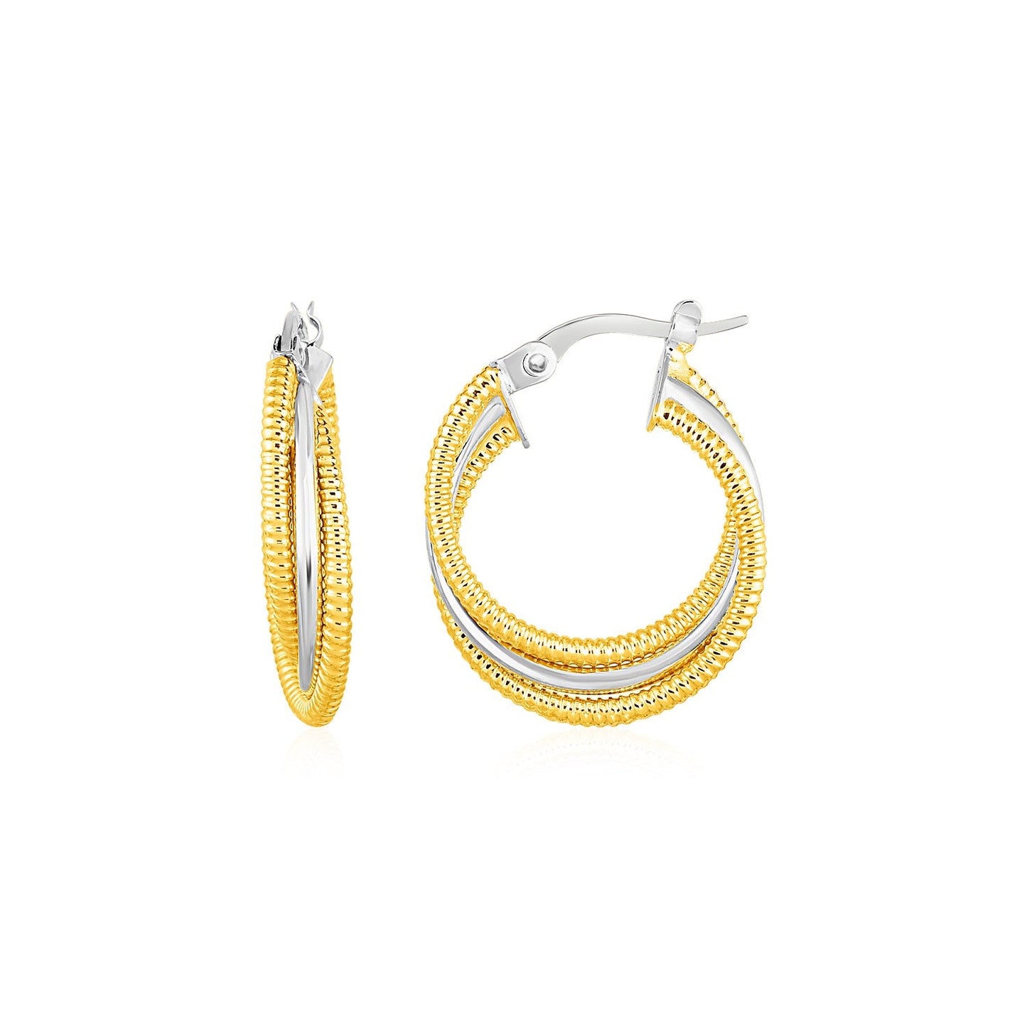 Three Part Textured and Shiny Hoop Earrings in 14k Yellow and White Gold-0
