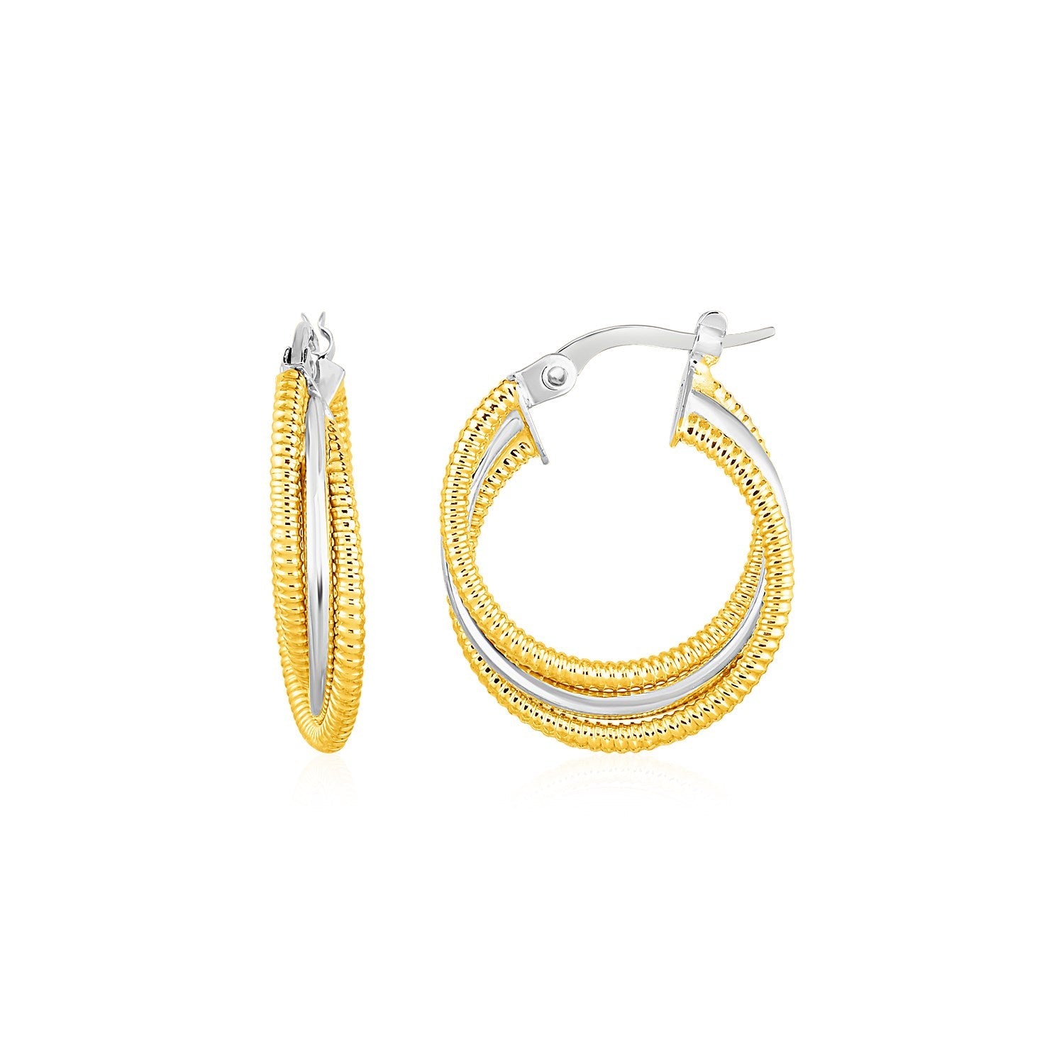 Three Part Textured and Shiny Hoop Earrings in 14k Yellow and White Gold-0