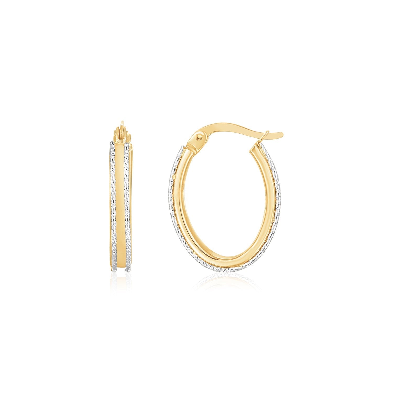 14K Two Tone Gold Diamond Cut Oval Hoop Earrings-0