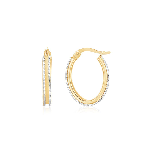 14K Two Tone Gold Diamond Cut Oval Hoop Earrings-0