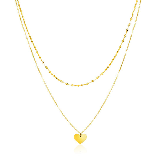14k Yellow Gold 18 inch Two Strand Necklace with Heart Pendant-0