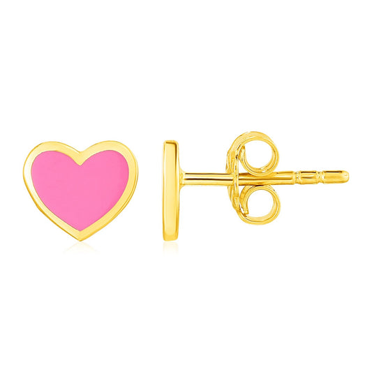 14k Yellow Gold and Enamel Pink Heart Stud Earrings-0
