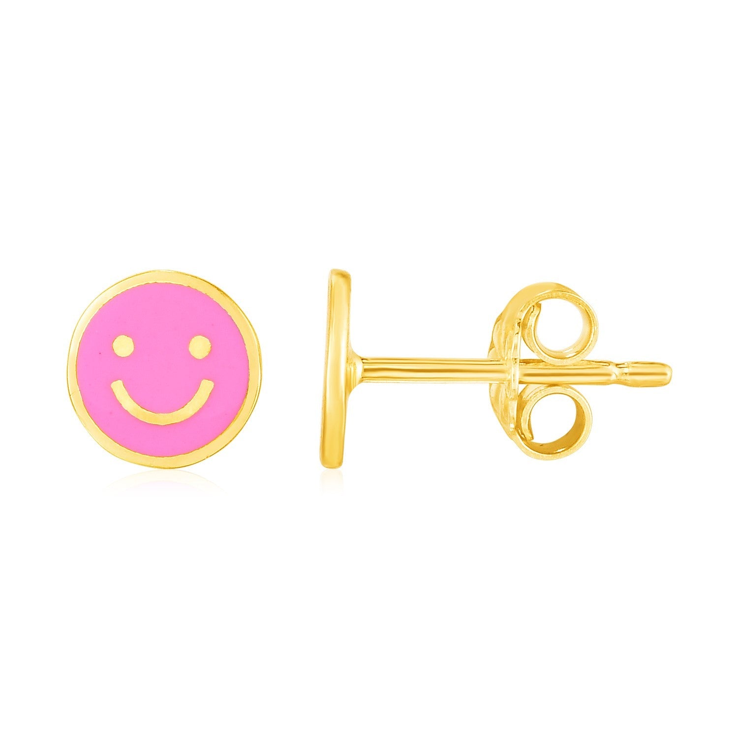 14k Yellow Gold and Enamel Pink Smiley Face Stud Earrings-0