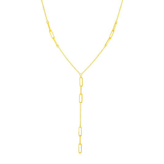 14K Yellow Gold Lariat Necklace with Paperclip Chain Stations-0