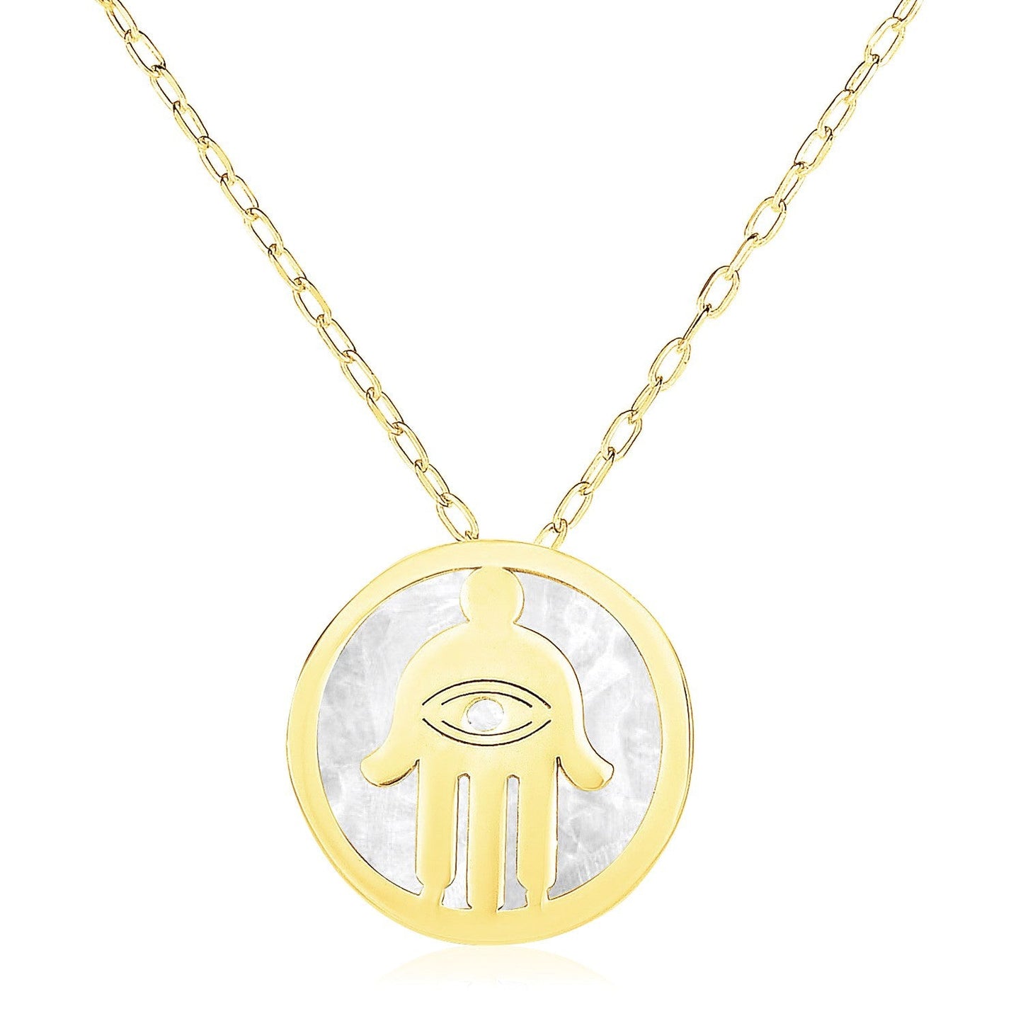 14k Yellow Gold Necklace with Hand of Hamsa Symbol in Mother of Pearl-0