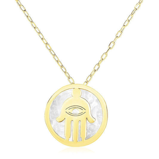 14k Yellow Gold Necklace with Hand of Hamsa Symbol in Mother of Pearl-0