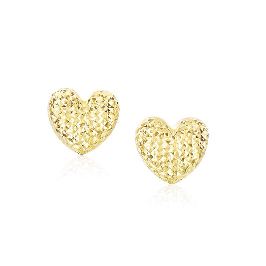 14k Yellow Gold Puffed Heart Earrings with Diamond Cuts-0
