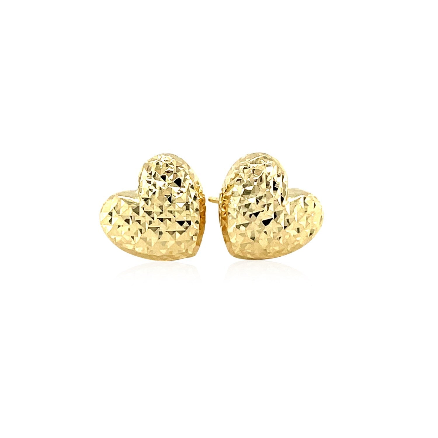 14k Yellow Gold Puffed Heart Earrings with Diamond Cuts-1