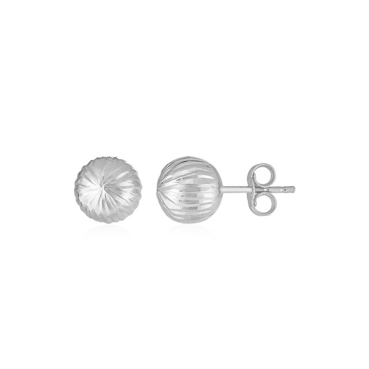 14K White Gold Ball Earrings with Linear Texture-0