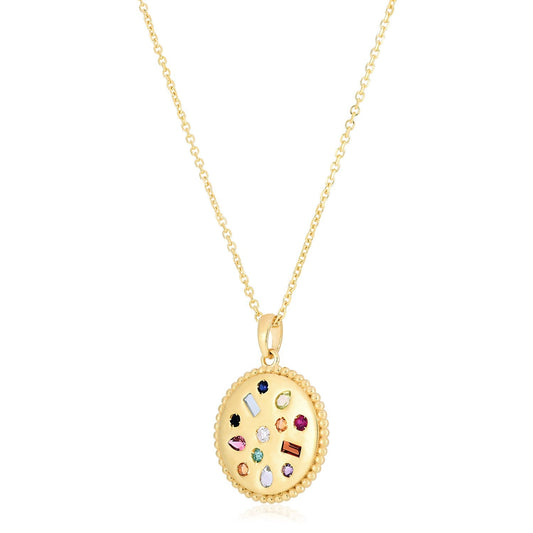 14k Yellow Gold High Polish Gemstones Disc Necklace-0
