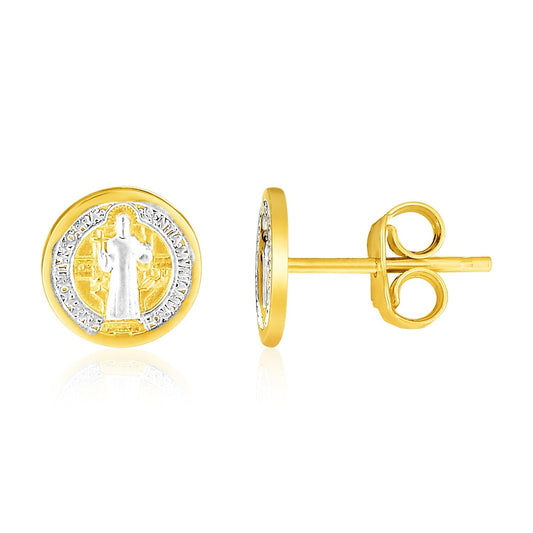 14k Two Tone Gold Round Religious Medallion Post Earrings-0