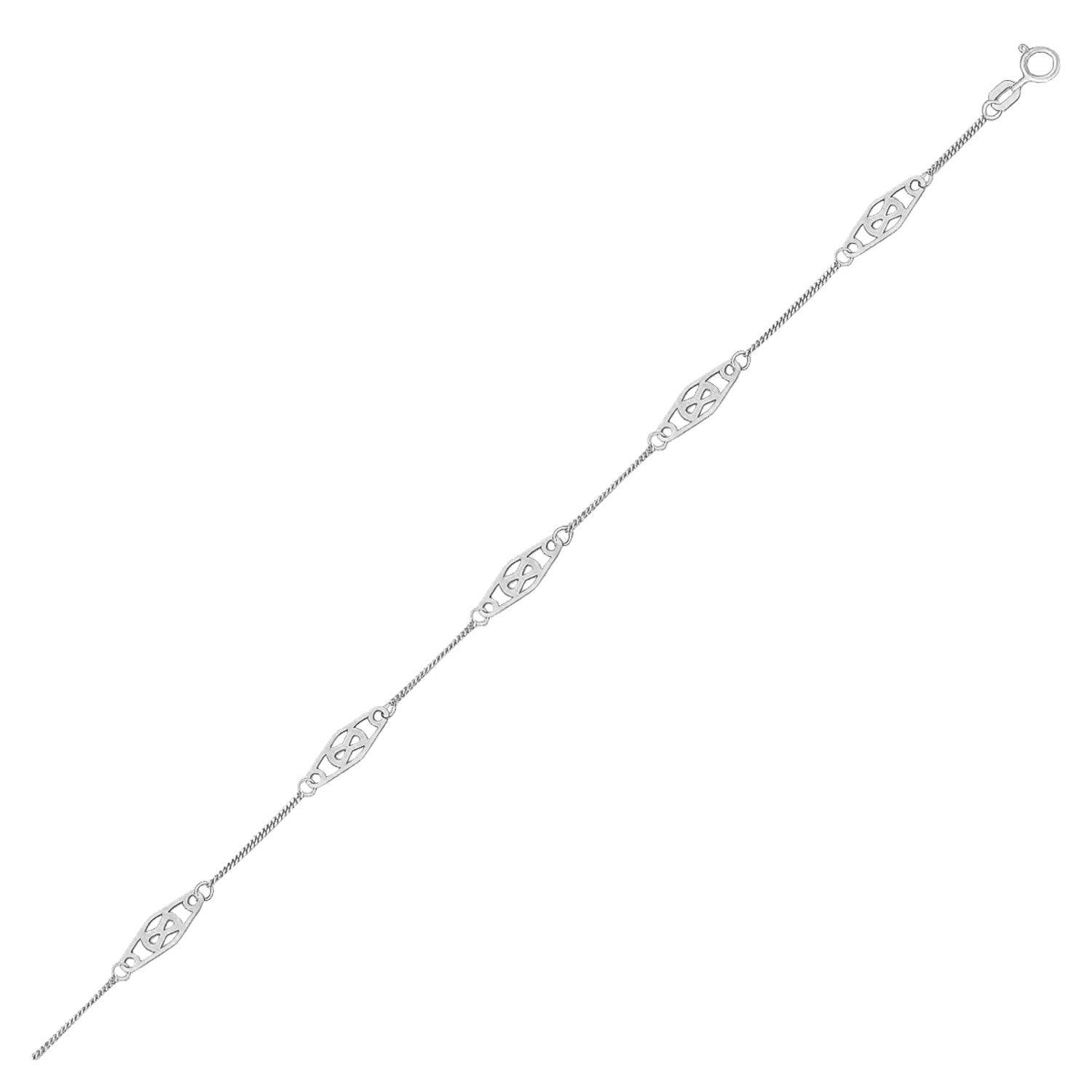 14k White Gold Anklet with Fancy Diamond Shape Filigree Stations-0