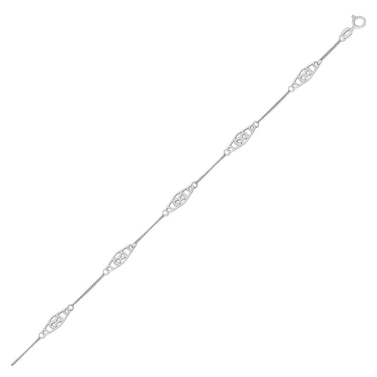 14k White Gold Anklet with Fancy Diamond Shape Filigree Stations-0