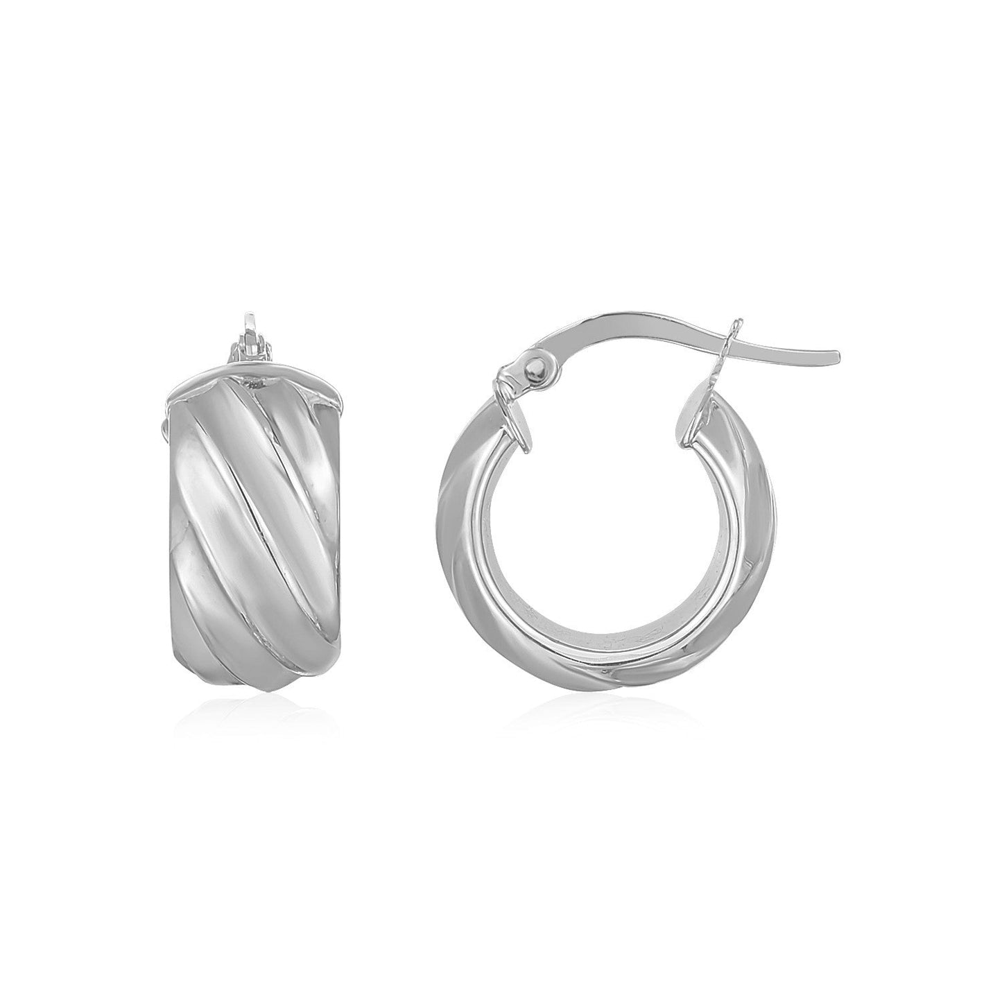 14K White Gold Ribbed Hoop Earrings Wide-0