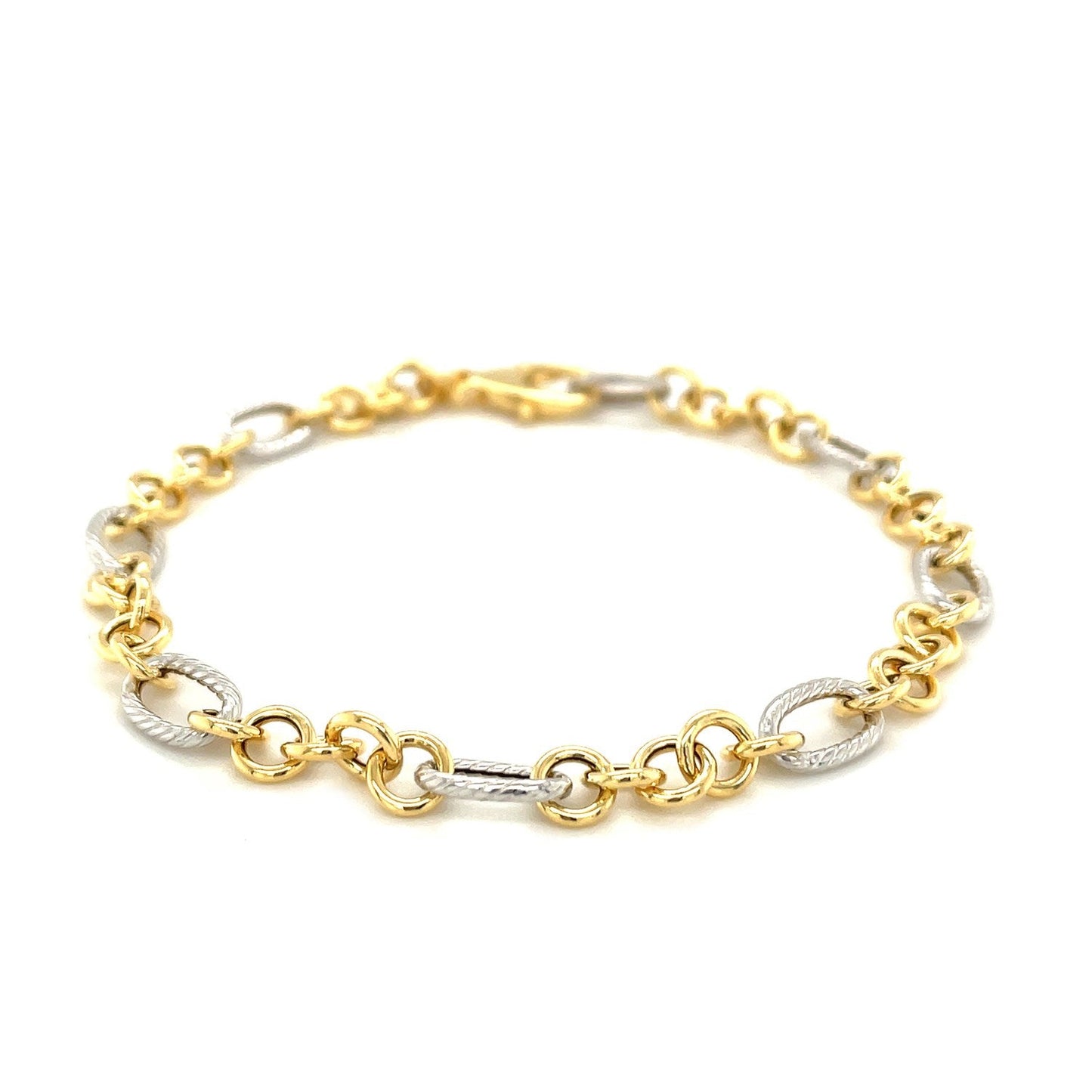 14k Two-Tone Gold Rope Motif Oval and Round Link Chain Bracelet-1