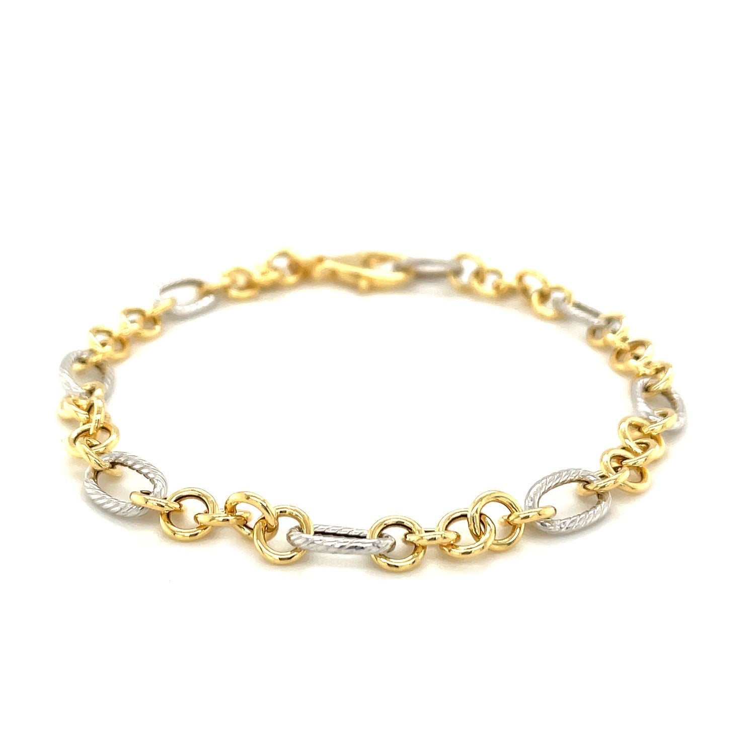 14k Two-Tone Gold Rope Motif Oval and Round Link Chain Bracelet-1