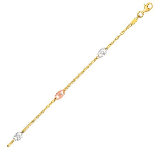 14k Three-Toned Yellow,  White,  and Rose Gold Anklet with Textured Ovals-0