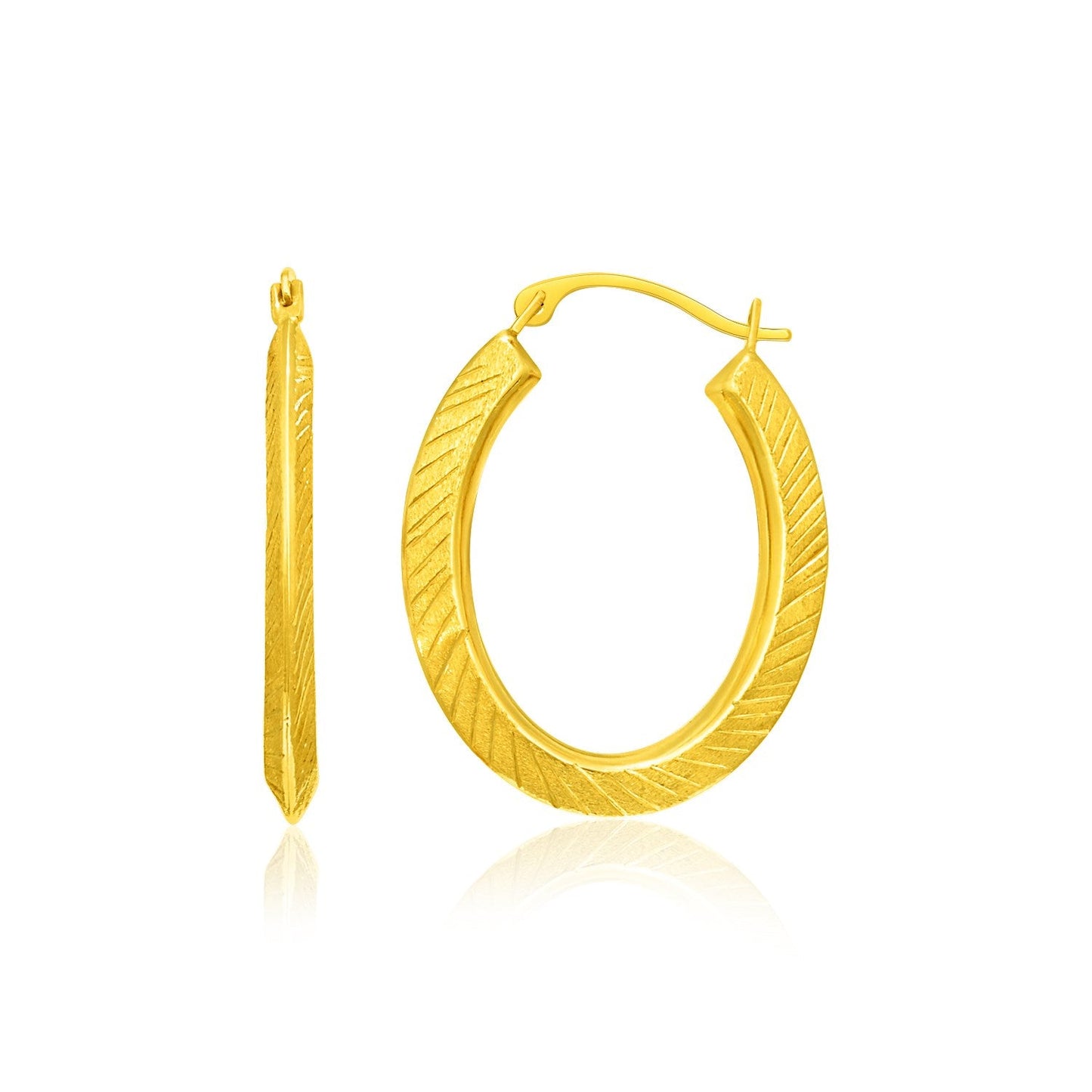 14k Yellow Gold Oval Line Texture Hoop Earrings-0