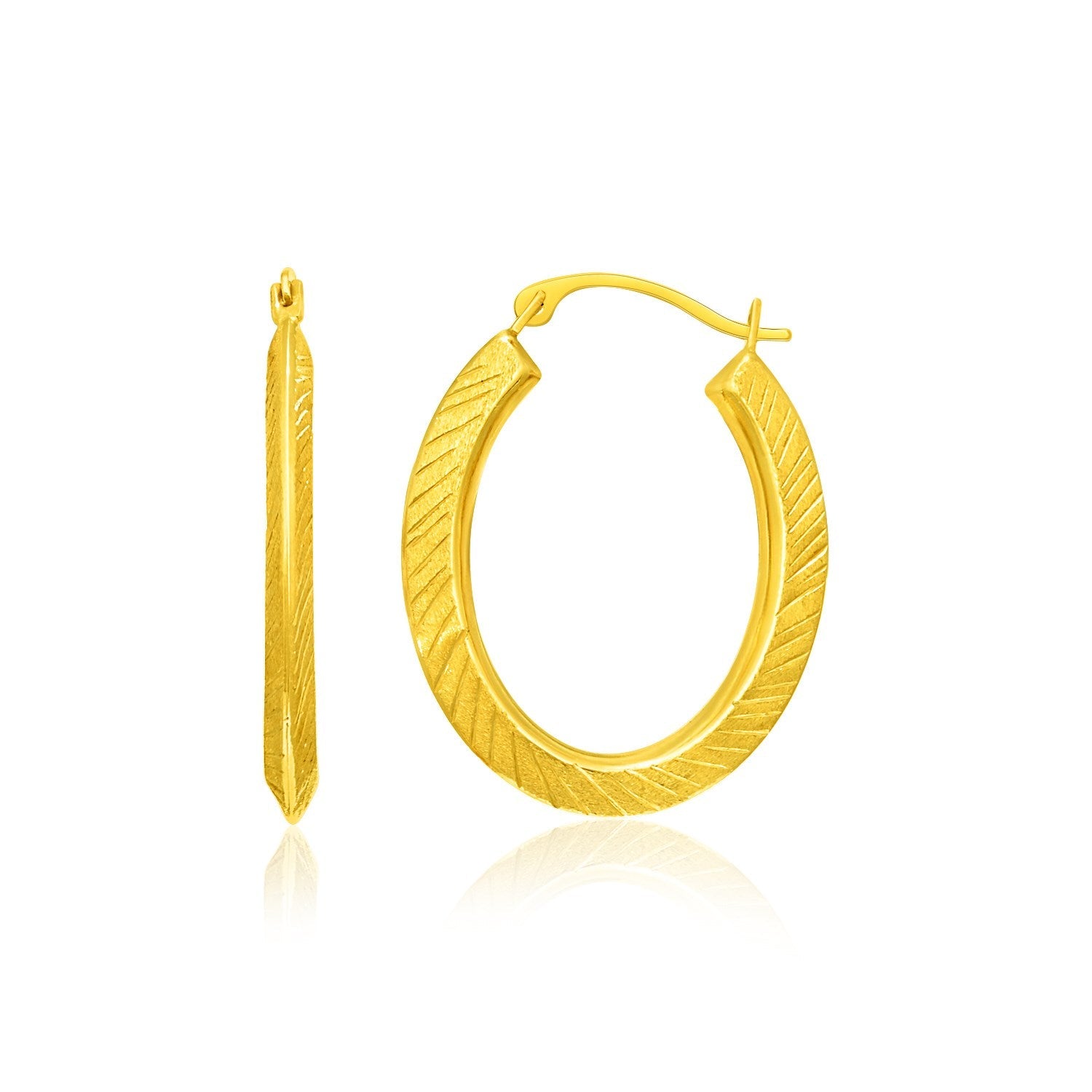 14k Yellow Gold Oval Line Texture Hoop Earrings-0