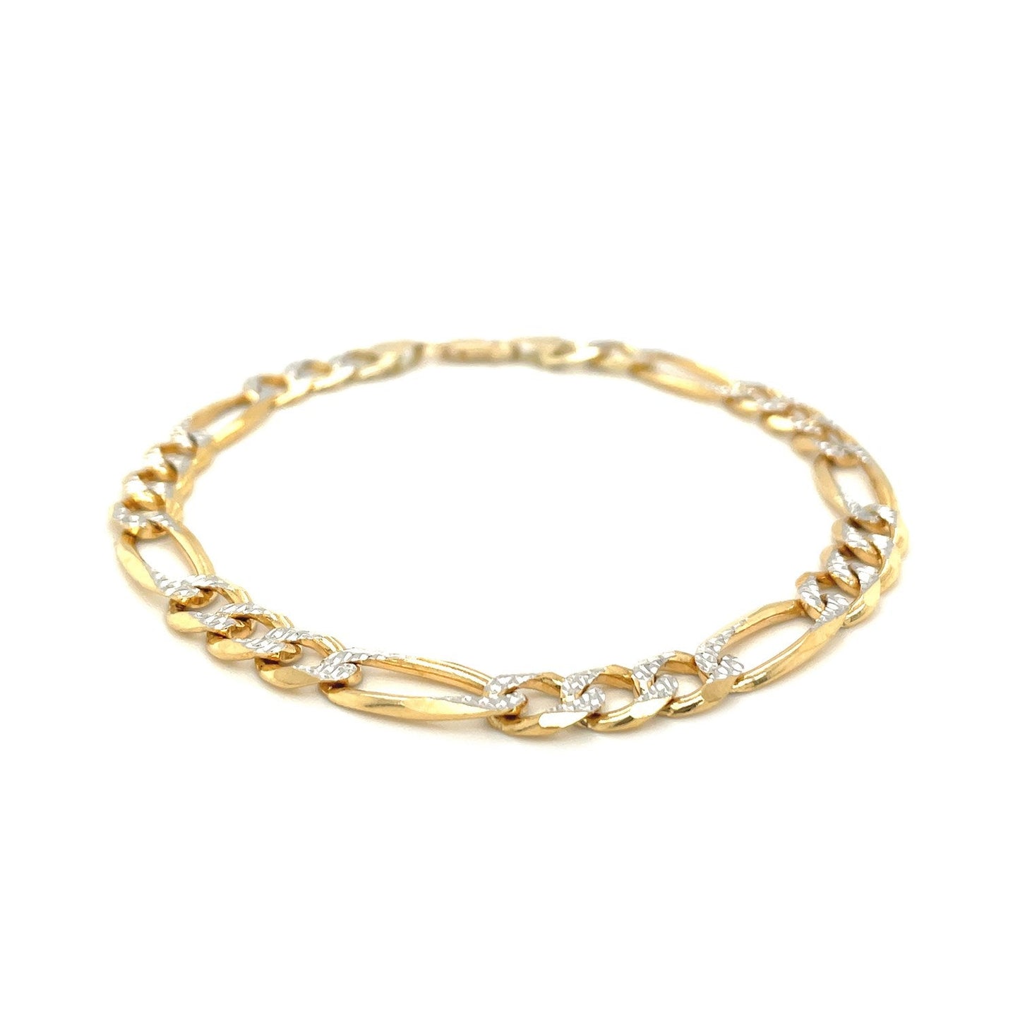 7.0mm 14K Yellow Two Tone Solid Pave Figaro Bracelet-1