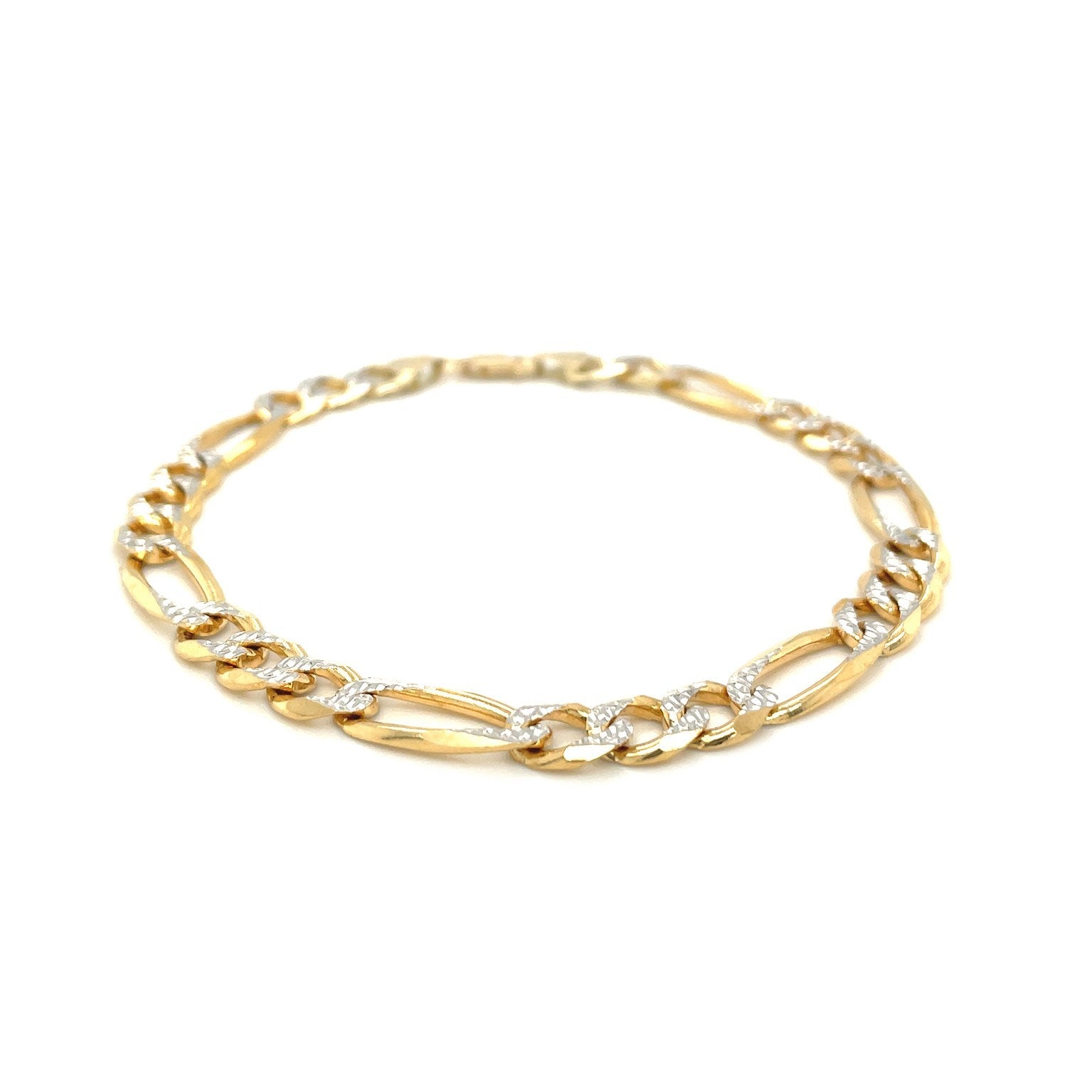 7.0mm 14K Yellow Two Tone Solid Pave Figaro Bracelet-1