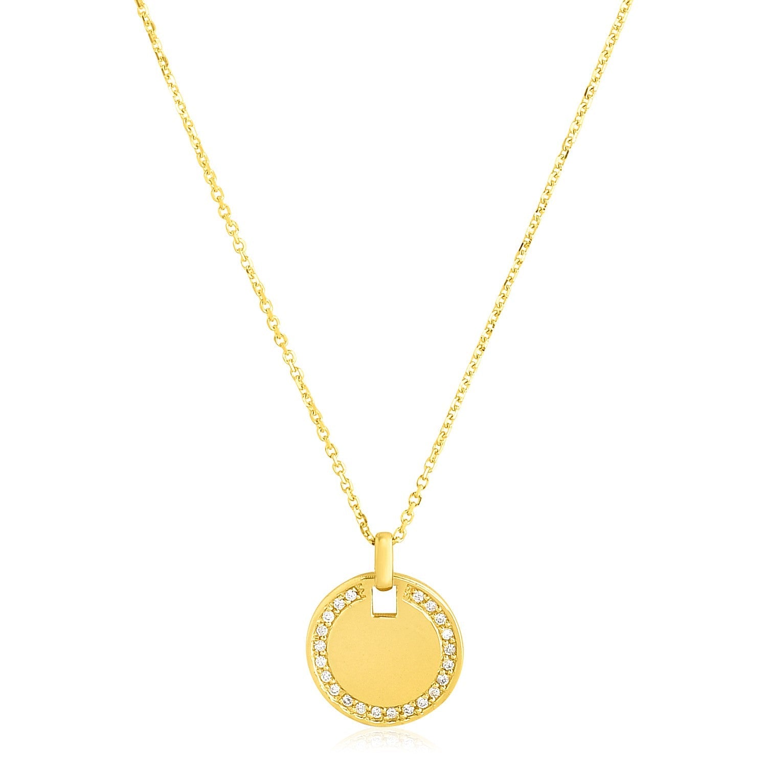 14k Yellow Gold High Polish Diamond Round Disc Tag Necklace-0