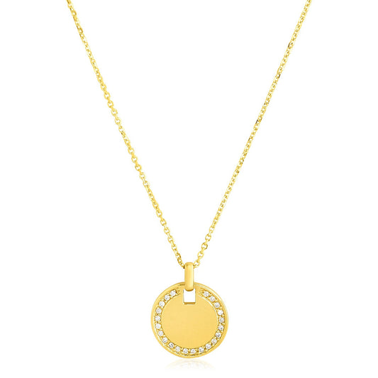 14k Yellow Gold High Polish Diamond Round Disc Tag Necklace-0