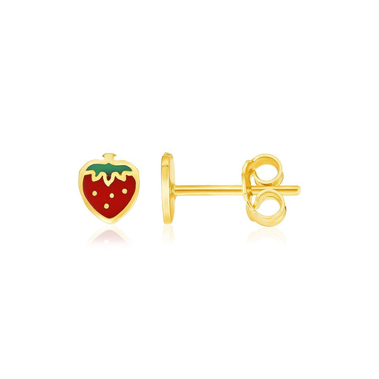 14k Yellow Gold Enameled Strawberry Childrens Earrings-0