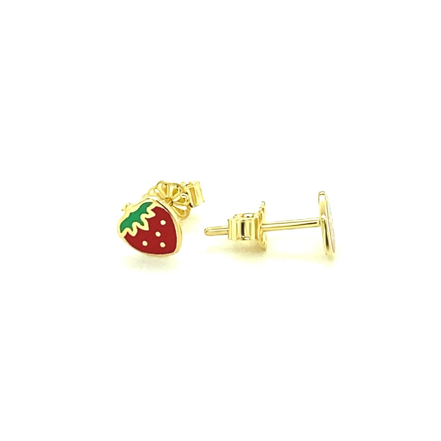 14k Yellow Gold Enameled Strawberry Childrens Earrings-2
