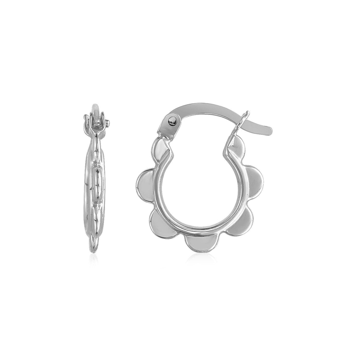 14k White Gold Scalloped Hoop Earrings-0