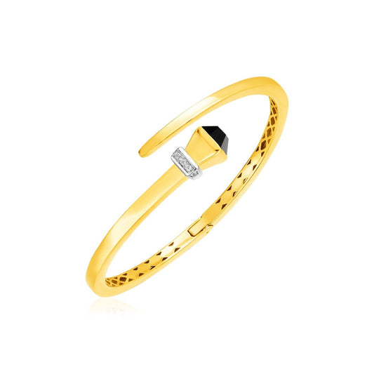 14k Yellow Gold Crossover Style Hinged Bangle Bracelet with Onyx and Diamonds-0