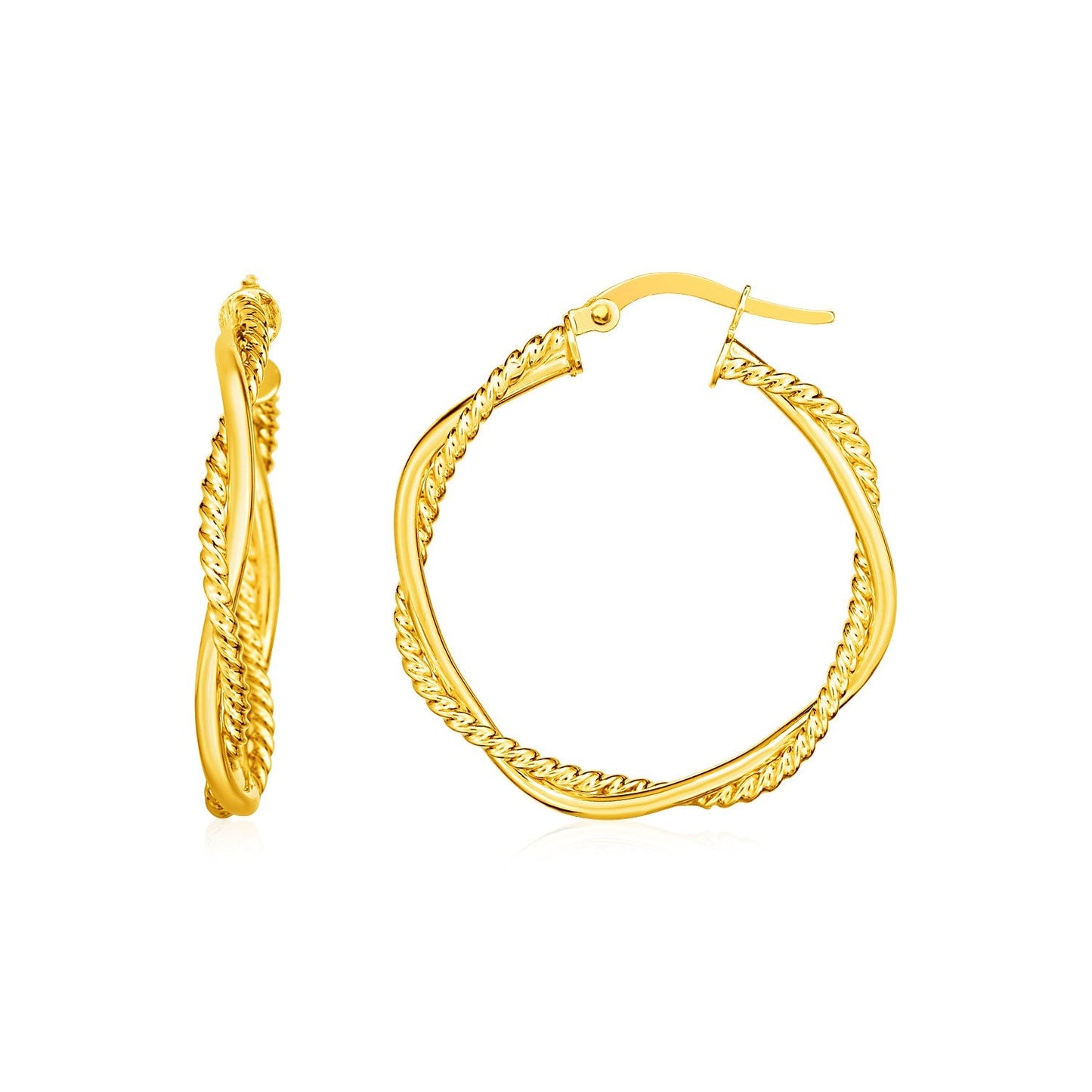 14k Yellow Gold Two Part Textured Twisted Round Hoop Earrings-0