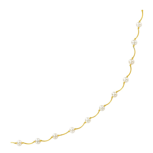 14k Yellow Gold Arc Link Necklace with White Pearls-0