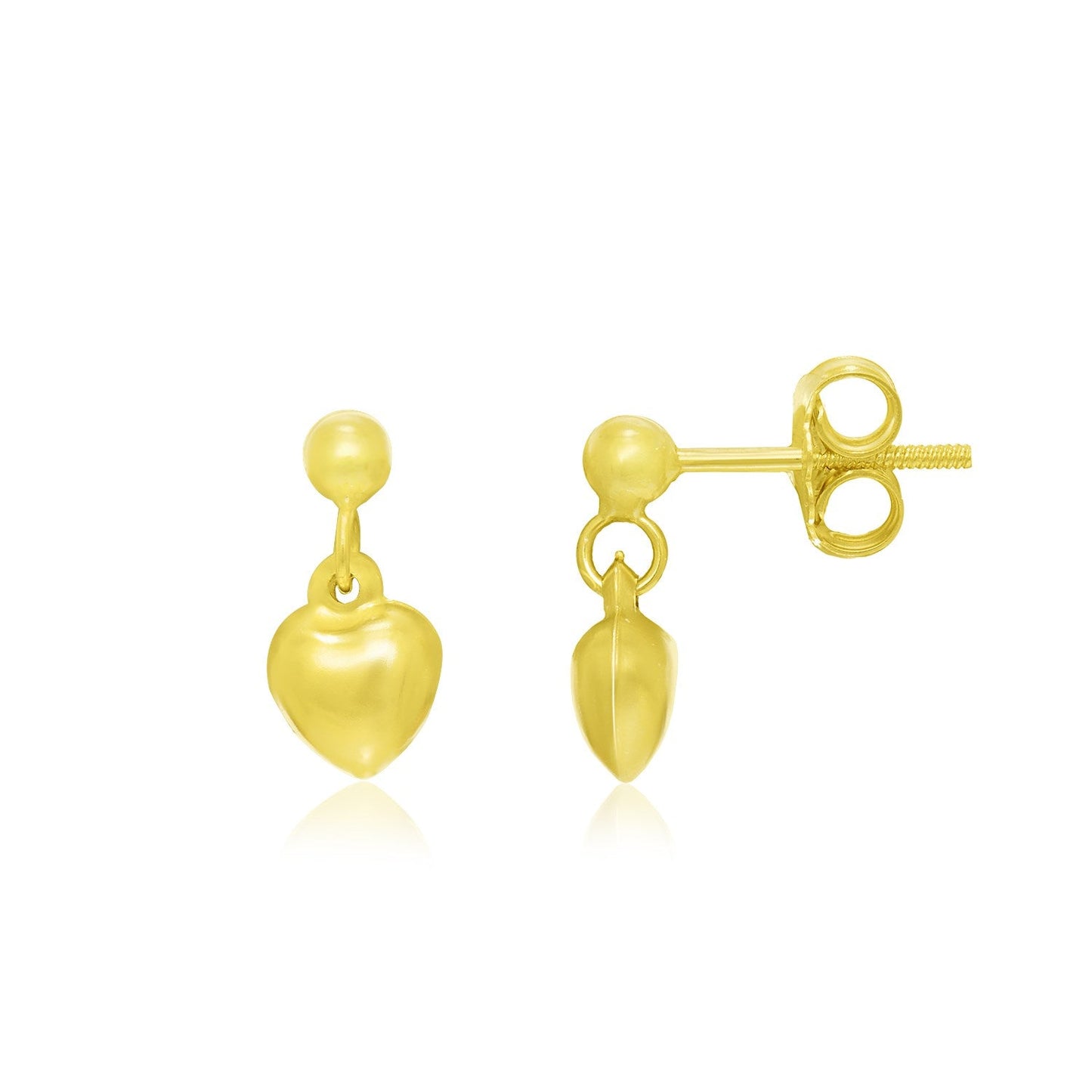 14k Yellow Gold Puffed Heart Children's Dangling Earrings-0